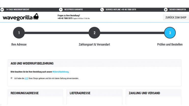 abschluss einer bestellung bei wavegorilla.de