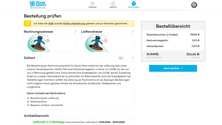 abschluss einer bestellung bei planet-sports.de