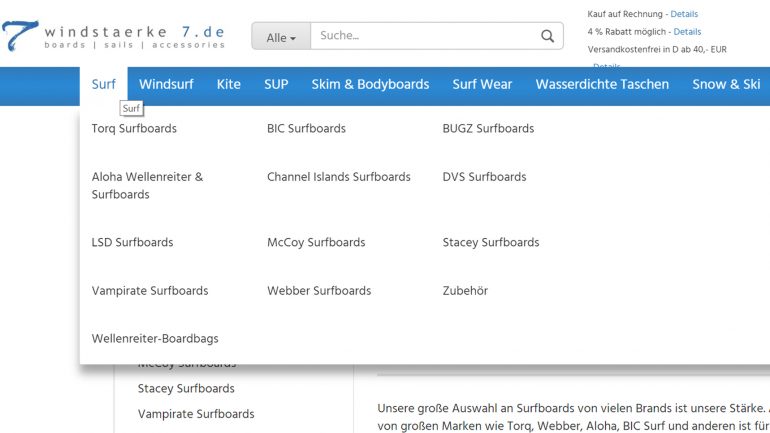 produktauswahl im w7 surfshop