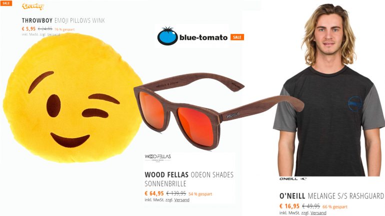 blue tomato sale aktion mit oneill rashguard emoji kissen und wood fellas sonnenbrille