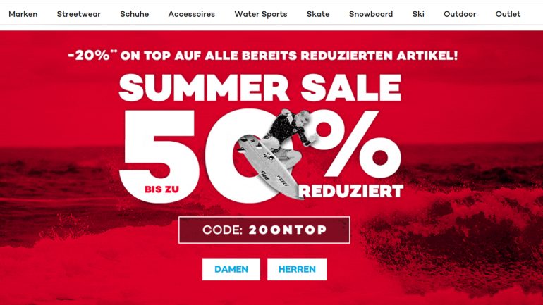 planet sports rabatt aktion für surfer minus 20 prozent auf reduzierte artikel des summer sale 2018