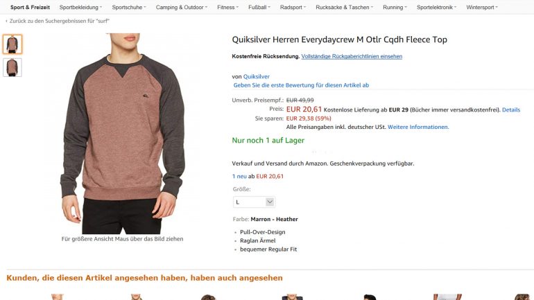 Quiksilver Surfer Fleece Sweater halber Preis bei Amazon