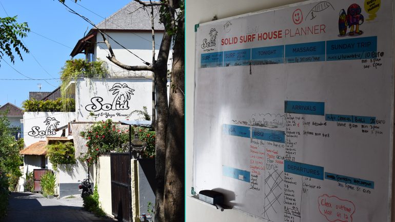 solid surfhouse canggu aussenansicht und whiteboard für organisation der surfkurse