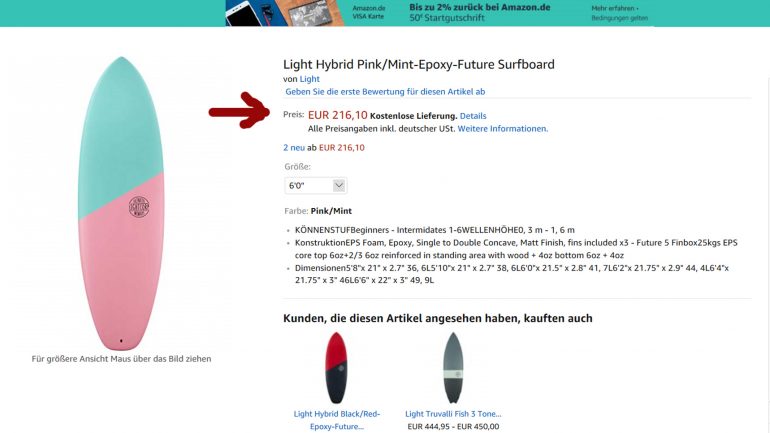 super preiswertes light surfbrett bei amazon für wellenreiter