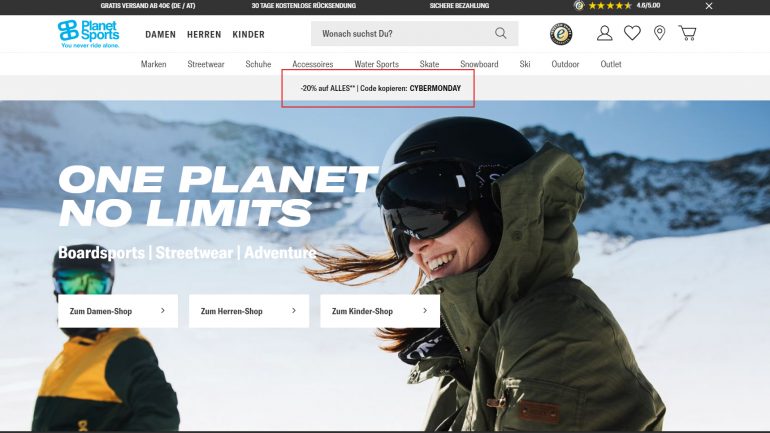 20 % Rabatt auf das gesamte Planet Sports Sortiment fuer Surfer und Boarder am Cybermonday