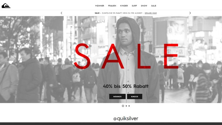 surfer ausverkauf und sale bei quiksilver mit 50 % rabatt