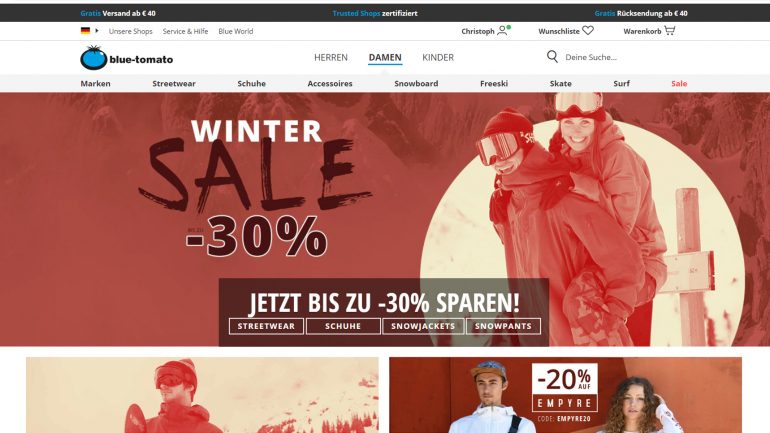 wintersale bei blue tomato für surfer und snowboarder mit 30 % billigeren Artikeln