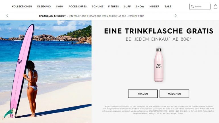 gratis roxy trinkflasche für alle einkäufe ab 80 euro bestellwert