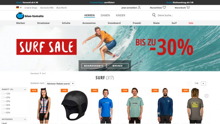 blue tomato surfer sale mit rabatten von 50 prozent billiger und mehr