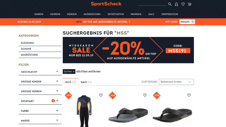 sportscheck rabattcode für 20 % rabatt auf ausgewählte artikel