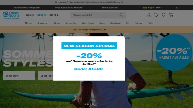 new season special sale bei planet sports mit 20 % auf alle neuen Surfer Artikel