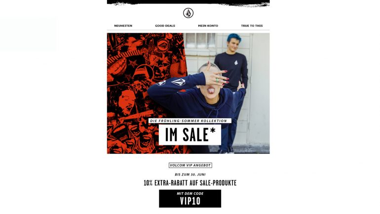 Extra rabatt und gratis lieferung bei volcom surf mit dem code vip10