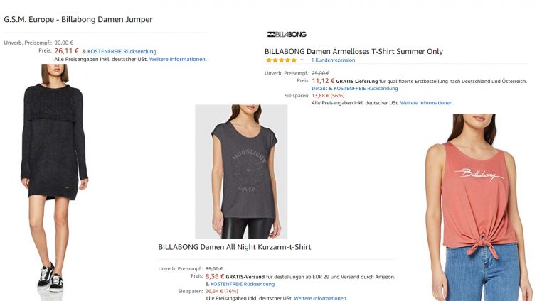 damen artikel von billabong im ausverkauf bei amazon für frauen und surferinnen