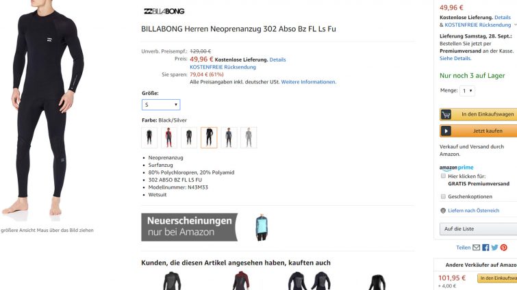 billabong einsteiger-neoprenanzug wetsuit zum surfen günstig kaufen dank amazon rabatt angebot