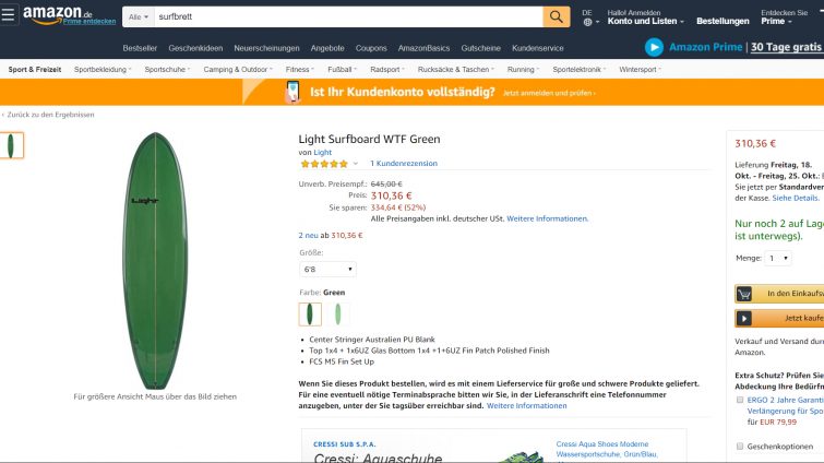 Das Light WTF Surfboard super billig kaufen bei amazon mit 50 % rabatt