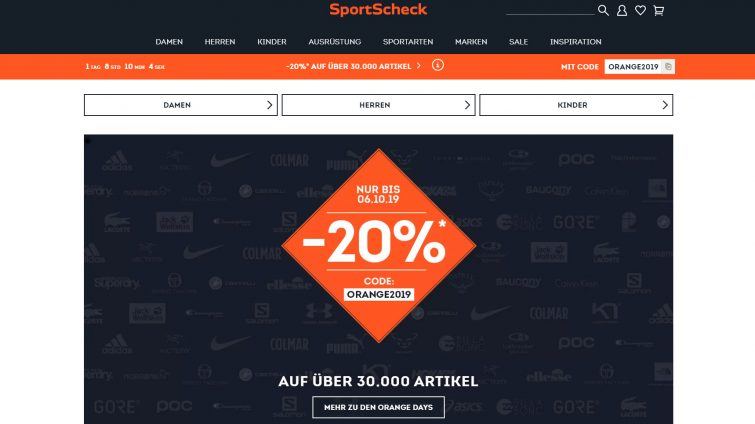 20 % Preisnachlass bei Sportscheck bekommen mit folgendem Rabatt-Code: