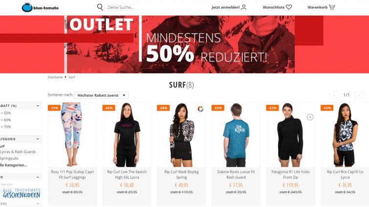 billiger einkaufen im surf outlet von bluetomato -50 % und mehr zum surfen
