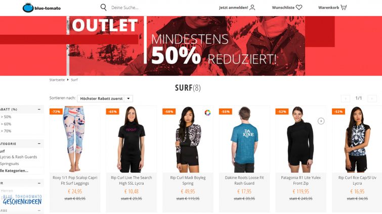 billiger einkaufen im surf outlet von bluetomato -50 % und mehr zum surfen